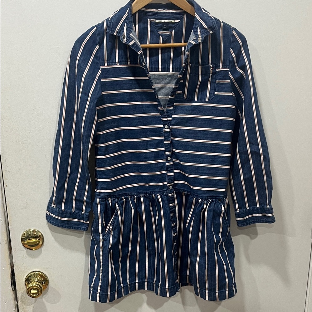 Tommy Hilfiger Navy and White Striped Girls' Casual Button-Front Dress